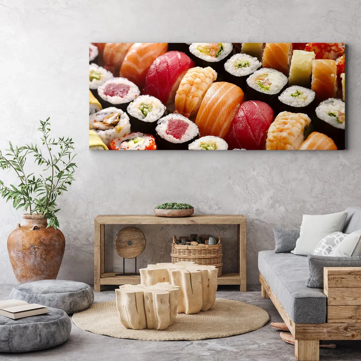Bild auf Leinwand - Leinwandbild - Buntes Sushi in Reihen angeordnet mit verschiedenen Toppings - 160x50cm - Farben und Aromen Asiens - Moderne Wanddekoration für Wohnzimmer und Schlafzimmer ARTTOR