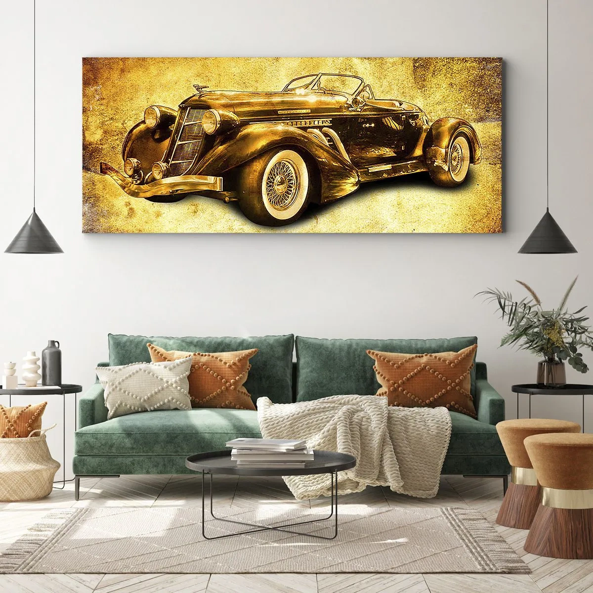 Bild auf Leinwand - Leinwandbild - Ein klassisches goldenes Retro-Cabrio vor einem Vintage-Hintergrund in warmen Farben. - 120x50cm - Elite der Elite - Moderne Wanddekoration für Wohnzimmer und Schlafzimmer ARTTOR