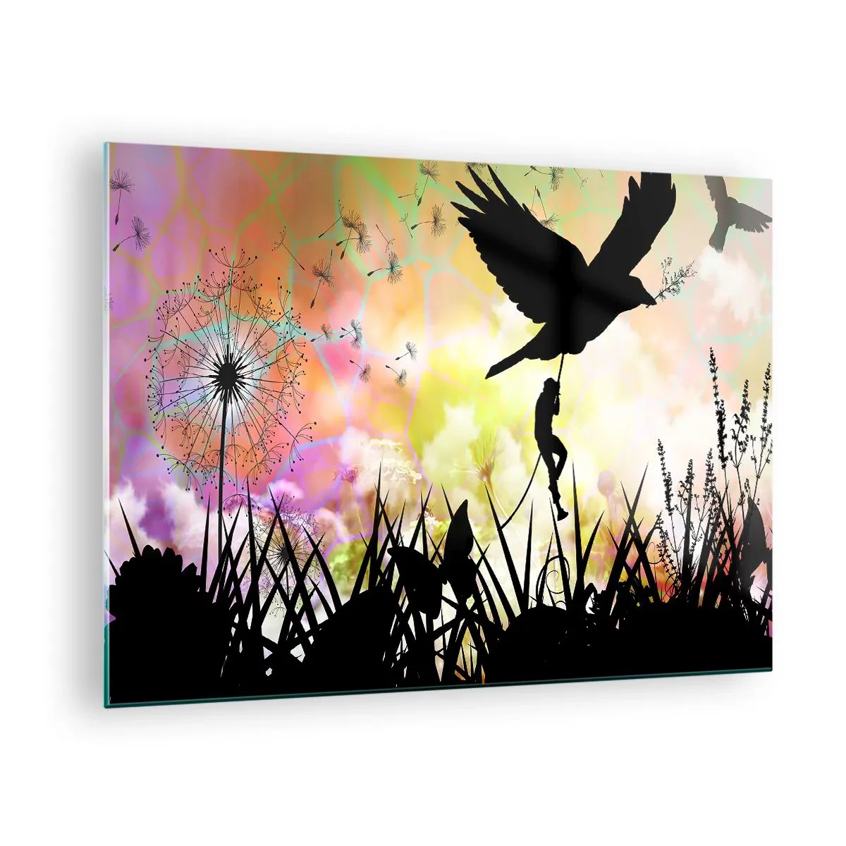 Glasbild - Bild auf glas - Illustration einer Figur, die vor einem Hintergrund aus bunten Blumen auf einen Vogel klettert. - 70x50cm - In märchenhafter Atmosphäre - Moderne Wanddekoration für Wohnzimmer und Schlafzimmer ARTTOR