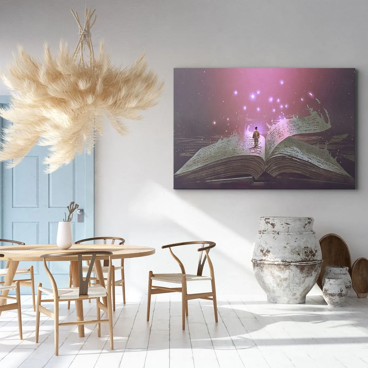 Bild auf Leinwand - Leinwandbild - Eine Figur tritt in einem magischen Licht auf ein offenes Buch. - 120x80cm - Einladung in eine andere Welt - lesen Sie! - Moderne Wanddekoration für Wohnzimmer und Schlafzimmer ARTTOR