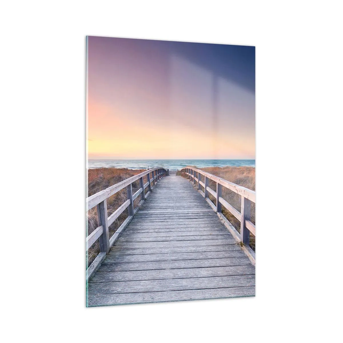 Glasbild - Bild auf glas - Holzsteg zum Strand bei Sonnenuntergang - 50x70cm - Baltische Abend-Aurora - Moderne Wanddekoration für Wohnzimmer und Schlafzimmer ARTTOR