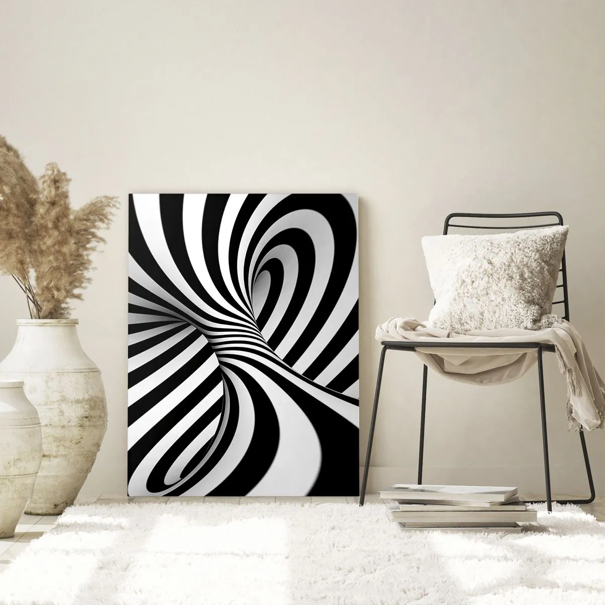 Glasbild - Bild auf glas - Abstrakter Tunnel mit schwarz-weißen Spiralstreifen - 70x100cm - Komposition: Tanzraum - Moderne Wanddekoration für Wohnzimmer und Schlafzimmer ARTTOR
