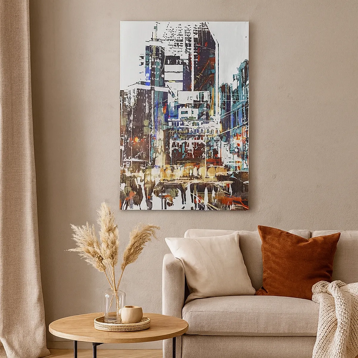 Bild auf Leinwand - Leinwandbild - Eine moderne Stadtlandschaft im künstlerischen Stil - 50x70cm - Eine schillernde Stadt - Moderne Wanddekoration für Wohnzimmer und Schlafzimmer ARTTOR