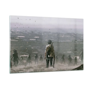 Glasbild - Bild auf glas - Eine Figur mit einem Gewehr in der dunklen Szenerie einer sich nähernden Gruppe - 120x80cm - Letzter Gerechter? - Moderne Wanddekoration für Wohnzimmer und Schlafzimmer ARTTOR