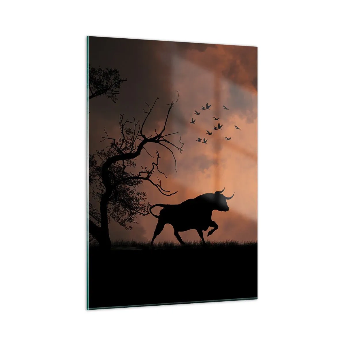 Glasbild - Bild auf glas - Silhouetten von Stieren vor einem orangefarbenen Himmel in der Abenddämmerung - 50x70cm - Ein dramatisches Naturschauspiel - Moderne Wanddekoration für Wohnzimmer und Schlafzimmer ARTTOR