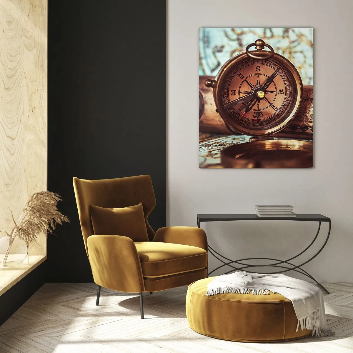 Glasbild - Bild auf glas - Ein Retro-Set mit Kompass, Teleskop und Karte im Reisethema - 80x120cm - Ein Piratenabenteuer in der Karibik wartet - Moderne Wanddekoration für Wohnzimmer und Schlafzimmer ARTTOR