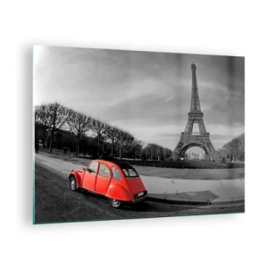 Glasbild - Bild auf glas - Ein rotes Auto mit dem Eiffelturm im Hintergrund in einer schwarz-weißen Umgebung - 70x50cm - Pariser als Paris selbst - Moderne Wanddekoration für Wohnzimmer und Schlafzimmer ARTTOR