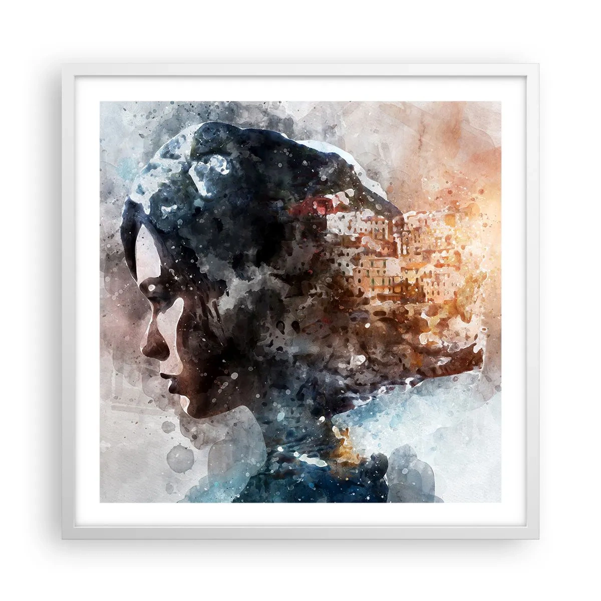 Poster in einem weißen Rahmen - Eine Geschichte über ein Mädchen mit einer Stadt im Hintergrund - 60x60 cm