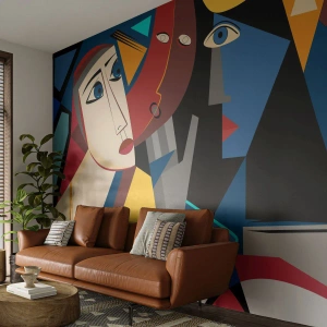 Fototapete Premium Sand - Kubistische Gesichter im Gespräch vor einem Hintergrund aus geometrischen Formen - 100x70cm - Gespräch zwischen Kubisten - Moderne Wanddekoration für Wohnzimmer und Schlafzimmer ARTTOR