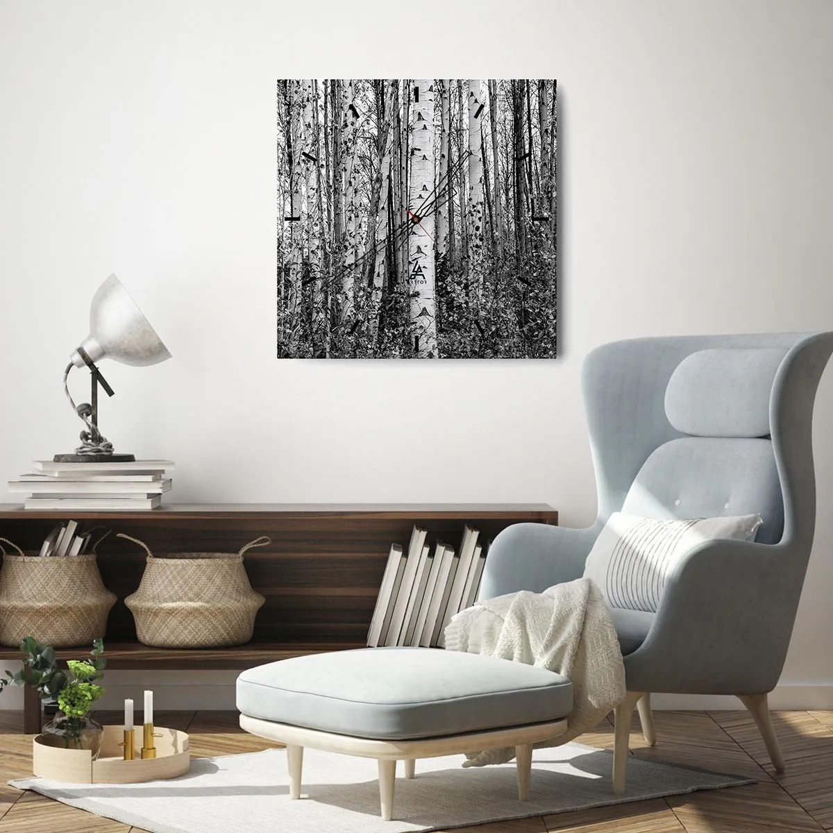 Wanduhr - Glasuhr - Schwarz-weiße Birken im Wald - 30x30cm - Birkenkolonnade - Moderne Wanddekoration für Wohnzimmer und Schlafzimmer ARTTOR