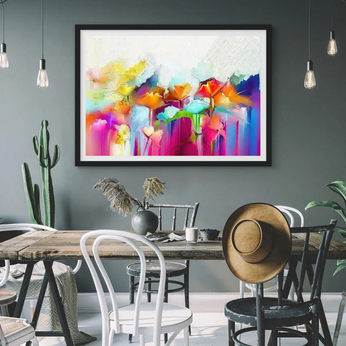 Poster in einem schwarzem Rahmen - Abstrakte bunte Blumen auf hellem Hintergrund - 100x70cm - Der Regenbogen ist aufgeblüht - Moderne Wanddekoration für Wohnzimmer und Schlafzimmer ARTTOR