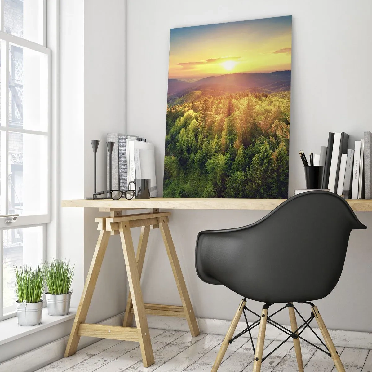 Glasbild - Bild auf glas - Waldlandschaft mit Sonnenuntergang über den Hügeln - 80x120cm - Scheitelpunkte und Spitzen - Moderne Wanddekoration für Wohnzimmer und Schlafzimmer ARTTOR