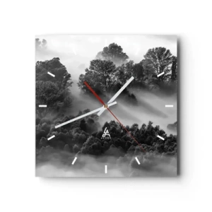 Wanduhr - Glasuhr - Schwarz-weiße Waldlandschaft im Morgennebel - 30x30cm - Aufstehend aus dem Schlaf - Moderne Wanddekoration für Wohnzimmer und Schlafzimmer ARTTOR