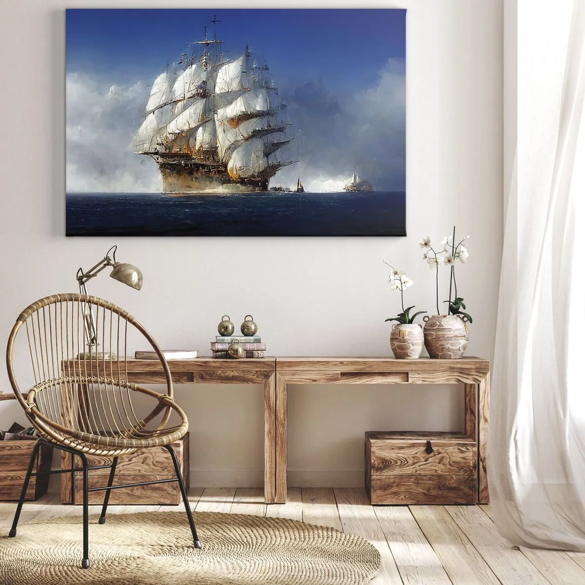 Bild auf Leinwand - Leinwandbild - Ein Segelschiff auf offener See unter blauem Himmel - 70x50cm - Der große Ruhm! - Moderne Wanddekoration für Wohnzimmer und Schlafzimmer ARTTOR