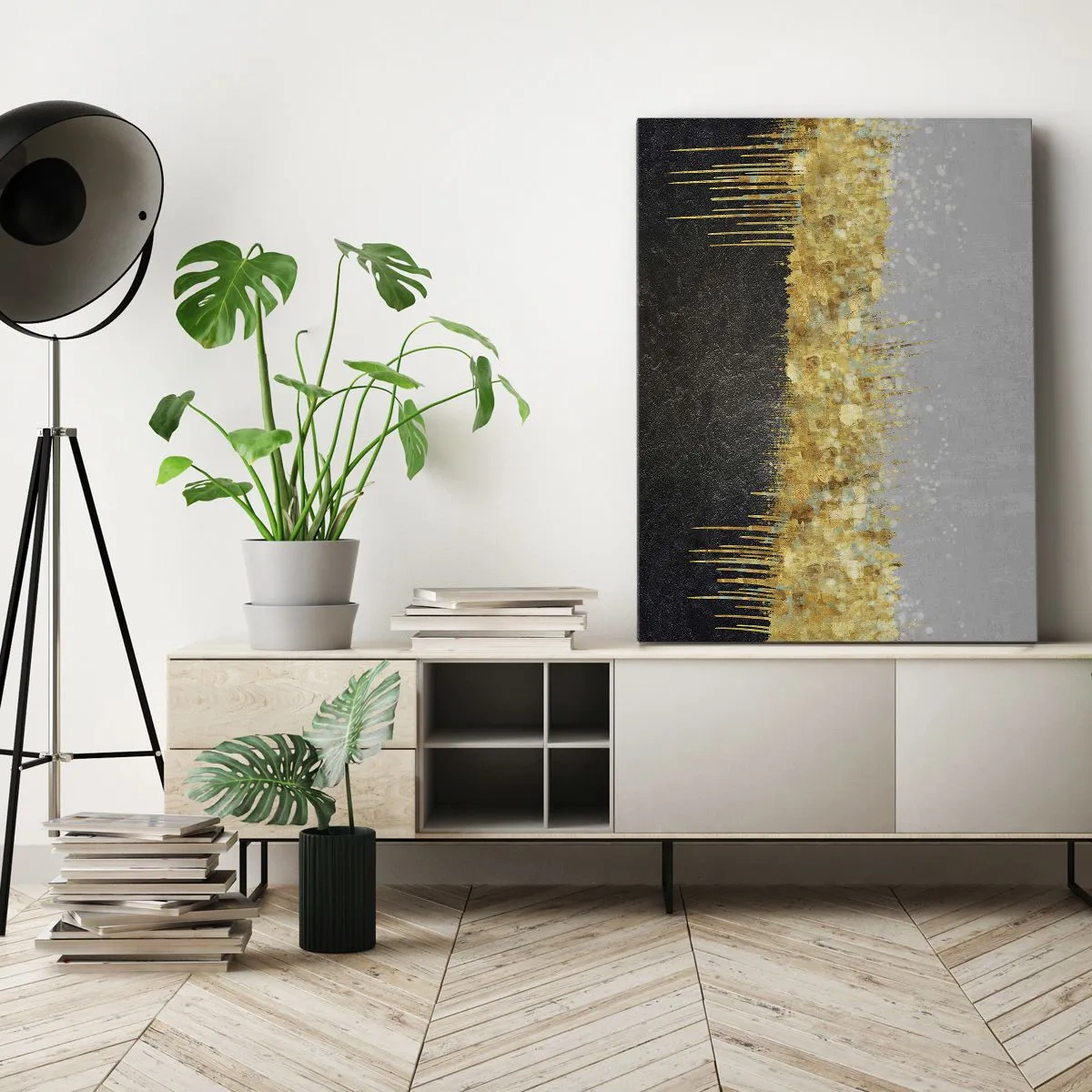 Bild auf Leinwand - Leinwandbild - Abstrakte Komposition in Gold- und Schwarztönen - 80x120cm - Nach innen und nach oben - Moderne Wanddekoration für Wohnzimmer und Schlafzimmer ARTTOR