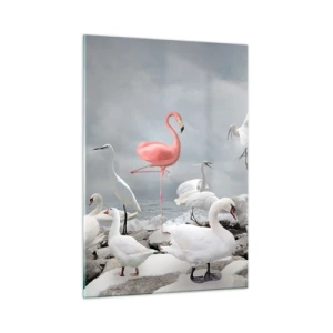 Glasbild - Bild auf glas - Ein rosa Flamingo zwischen weißen Schwänen und Reihern vor dem Wasser - 50x70cm - Wie kam ich hier hin? - Moderne Wanddekoration für Wohnzimmer und Schlafzimmer ARTTOR