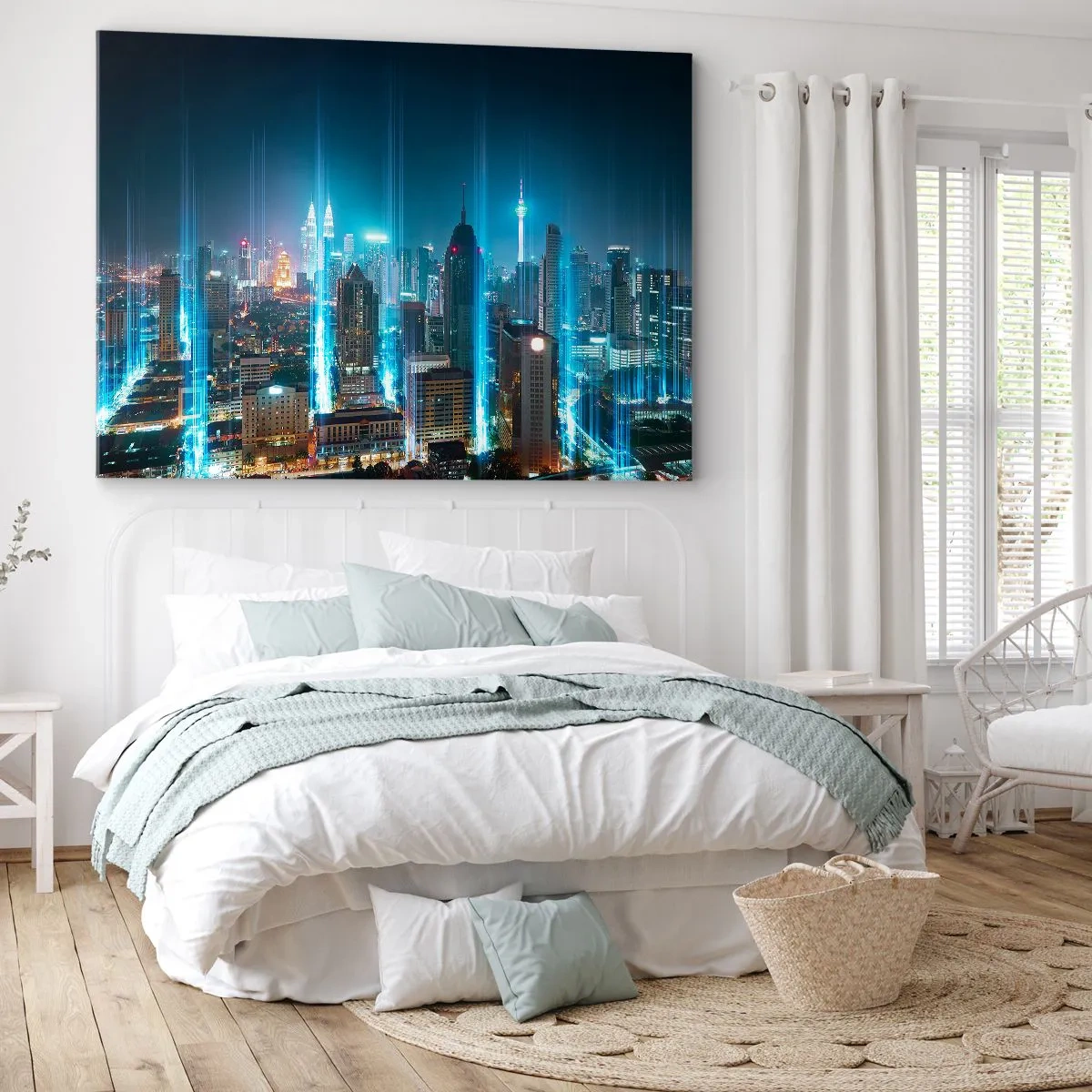 Bild auf Leinwand - Leinwandbild - Eine moderne Stadt bei Nacht mit futuristischen Lichtakzenten. - 70x50cm - Auf Berliner Art gegen den Himmel - Moderne Wanddekoration für Wohnzimmer und Schlafzimmer ARTTOR