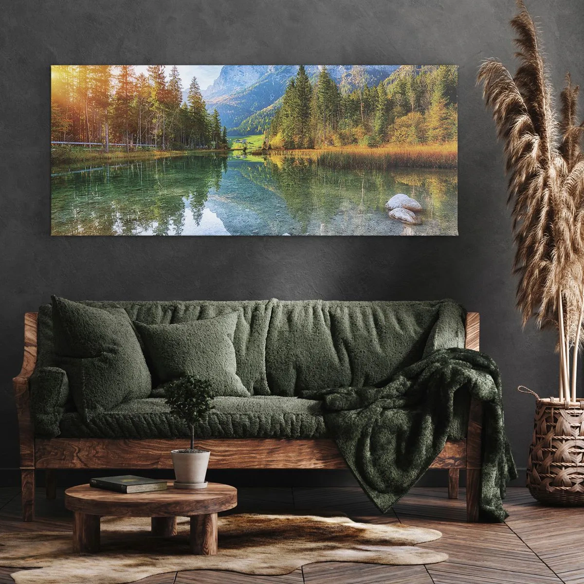 Bild auf Leinwand - Leinwandbild - Ein malerischer See, umgeben von Bergen und Wäldern - 160x50cm - Die Sanftheit des Herbstes - Moderne Wanddekoration für Wohnzimmer und Schlafzimmer ARTTOR