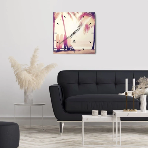 Wanduhr - Glasuhr - Palmen und Surfbretter am Strand im Sonnenschein - 30x30cm - Es wird ein toller Tag - Moderne Wanddekoration für Wohnzimmer und Schlafzimmer ARTTOR