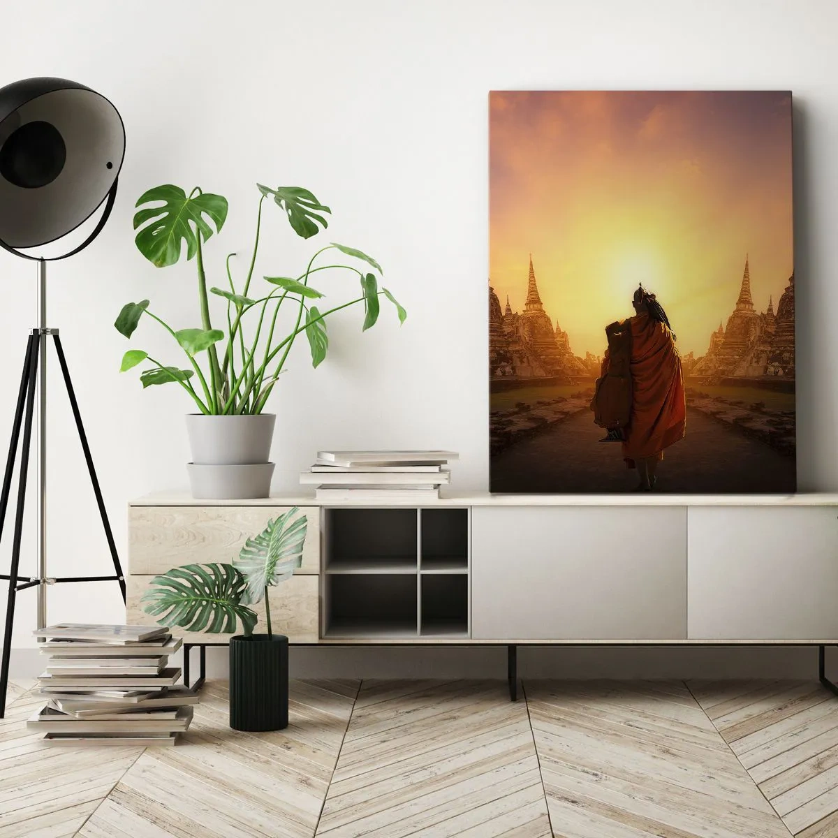 Bild auf Leinwand - Leinwandbild - Ein Mönch zwischen den Tempeln bei Sonnenuntergang - 70x100cm - In Frieden für die Ewigkeit - Moderne Wanddekoration für Wohnzimmer und Schlafzimmer ARTTOR