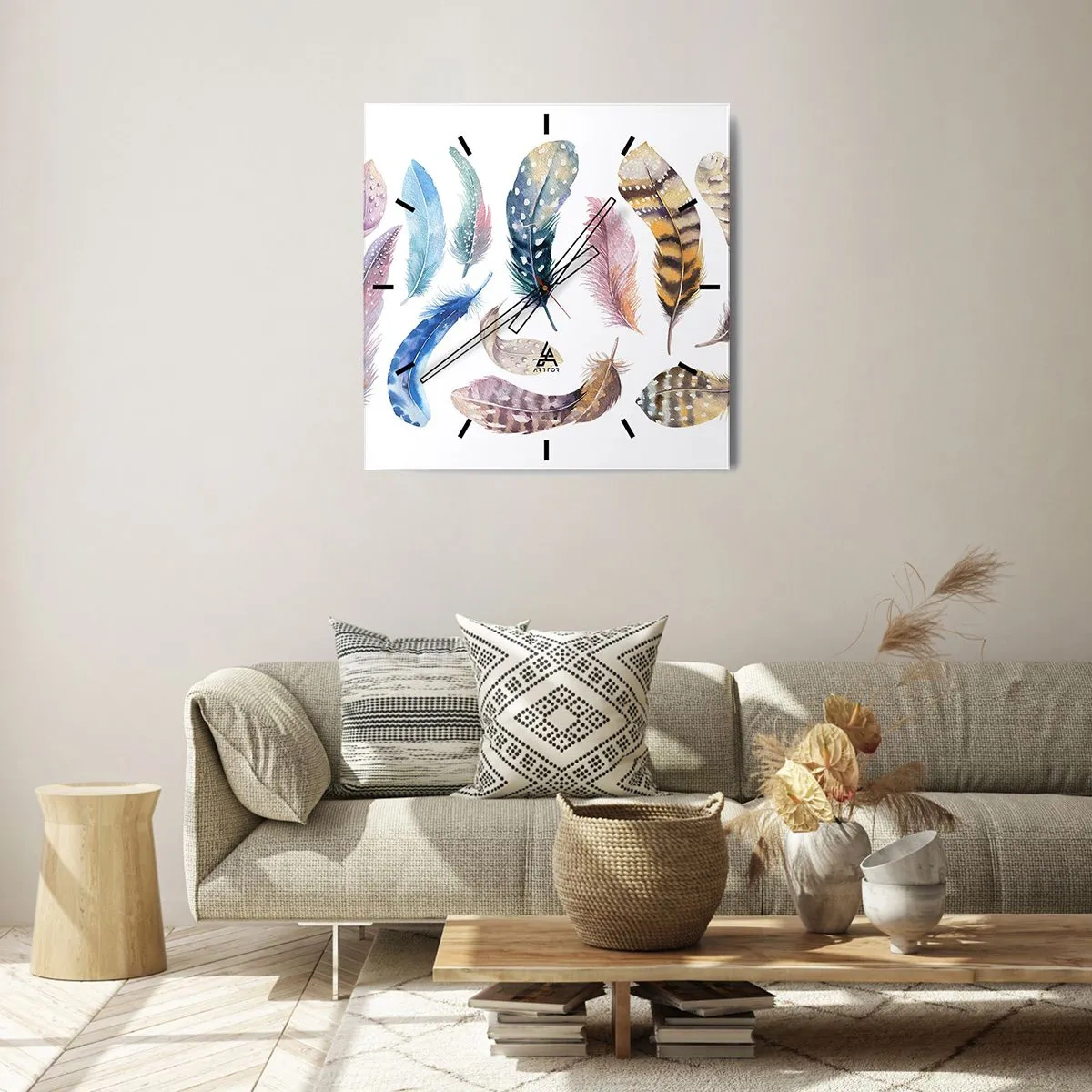 Wanduhr - Glasuhr - Bunte Federn im zarten Aquarell-Stil - 30x30cm - Hell, bunt und bunt - Moderne Wanddekoration für Wohnzimmer und Schlafzimmer ARTTOR