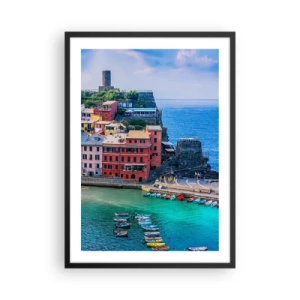 Poster in einem schwarzem Rahmen - Eine farbenfrohe Stadt am blauen Meer - 50x70cm - Mediterrane Zauberstadt - Moderne Wanddekoration für Wohnzimmer und Schlafzimmer ARTTOR