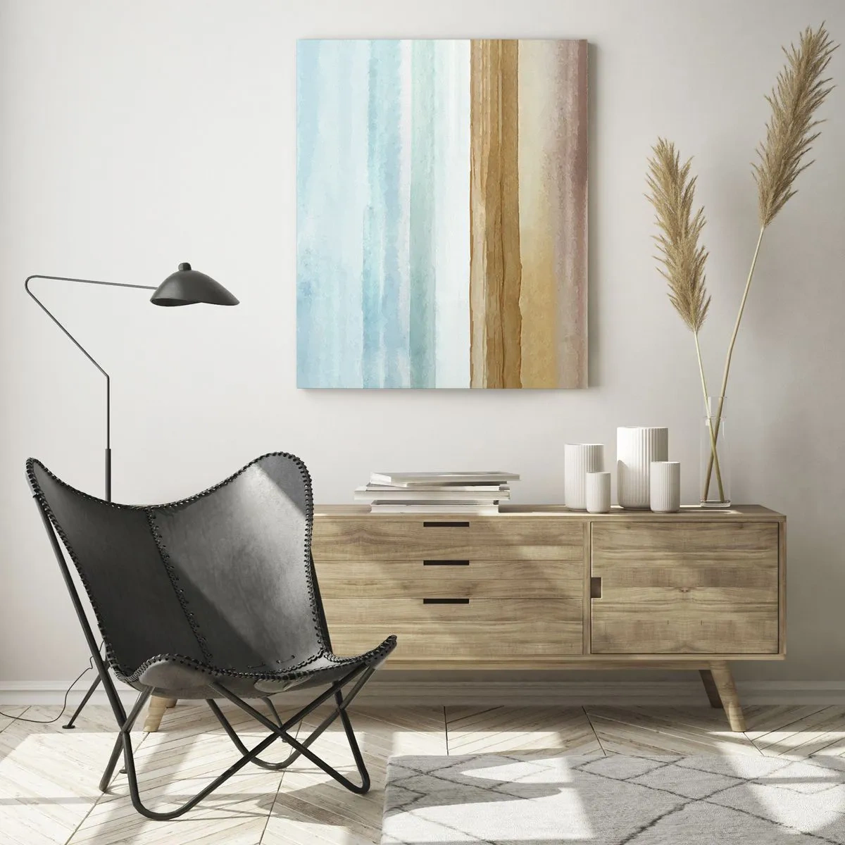 Glasbild - Bild auf glas - Abstrakte Strandlandschaft in Pastelltönen - 80x120cm - Trost - Moderne Wanddekoration für Wohnzimmer und Schlafzimmer ARTTOR