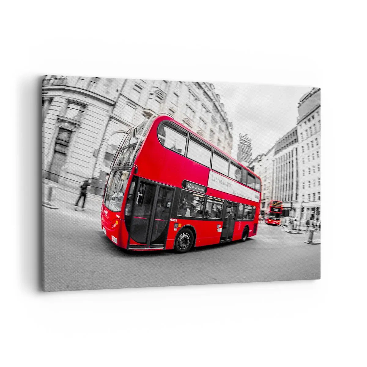 Bild auf Leinwand - Leinwandbild - Ein roter Londoner Bus vor einer schwarz-weißen Straße - 120x80cm - London traditionell - mit dem Bus - Moderne Wanddekoration für Wohnzimmer und Schlafzimmer ARTTOR