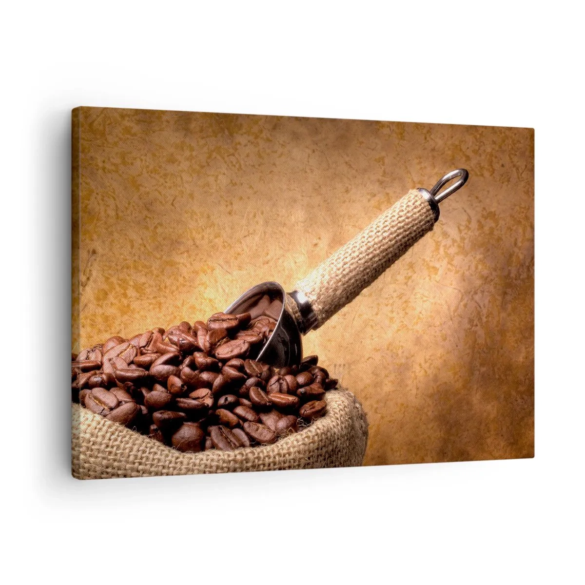 Bild auf Leinwand - Leinwandbild - Kaffeebohnen in einem Jutebeutel mit einem Metalllöffel - 70x50cm - An der Quelle des Geschmacks - Moderne Wanddekoration für Wohnzimmer und Schlafzimmer ARTTOR
