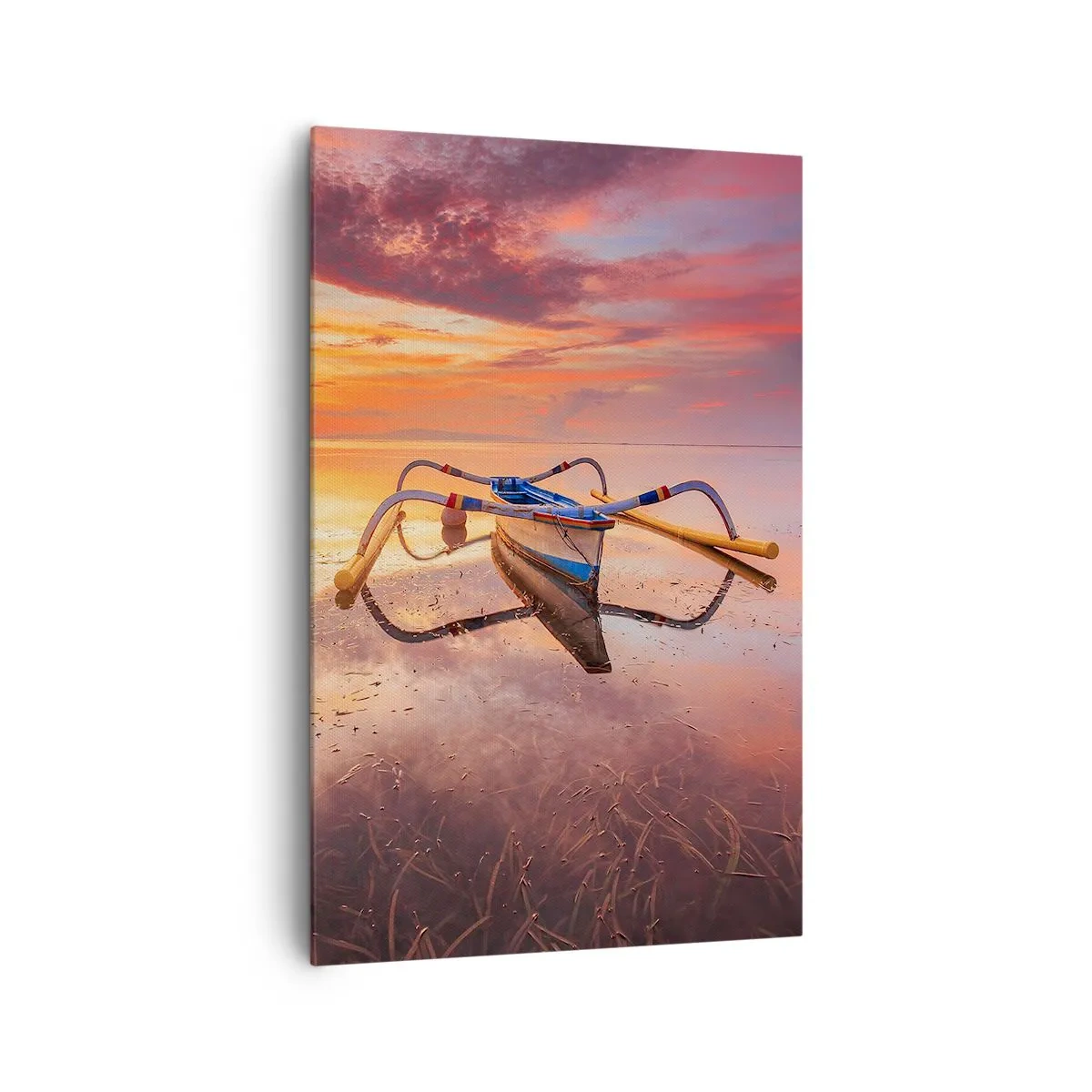 Bild auf Leinwand - Leinwandbild - Ein Boot auf ruhigem Wasser bei Sonnenuntergang - 80x120cm - Die Ruhe eines tropischen Abends - Moderne Wanddekoration für Wohnzimmer und Schlafzimmer ARTTOR