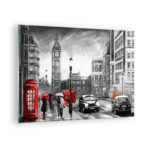 Glasbild - Bild auf glas - Big Ben und die Straßen von London mit roten Akzenten auf grauem Hintergrund - 70x50cm - Gar keine graue Stadt - Moderne Wanddekoration für Wohnzimmer und Schlafzimmer ARTTOR