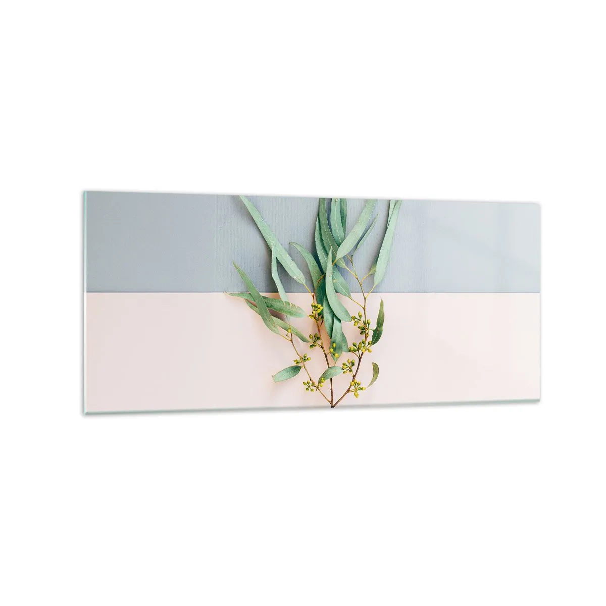 Glasbild - Bild auf glas - Ein Zweig mit Blättern auf einem Hintergrund in Pastelltönen - 120x50cm - Pastellige Subtilität - Moderne Wanddekoration für Wohnzimmer und Schlafzimmer ARTTOR