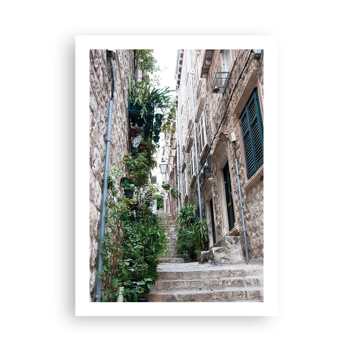 Poster - Eine Steinstraße mit üppiger Vegetation und Treppen - 50x70cm - Altstadtcharme - Moderne Wanddekoration für Wohnzimmer und Schlafzimmer ARTTOR