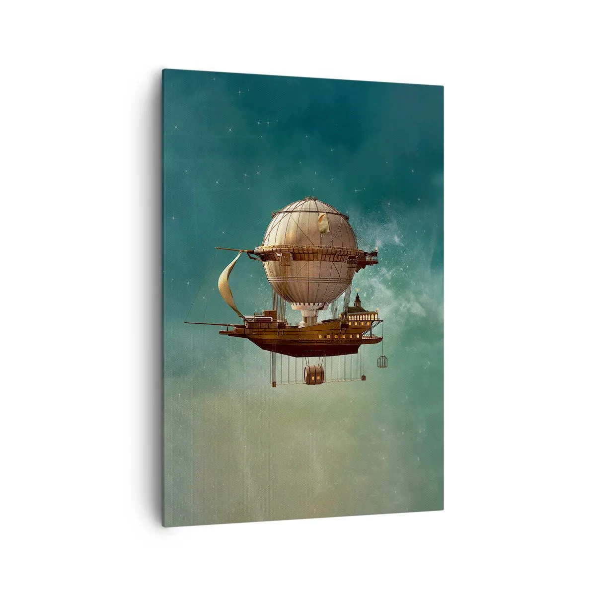 Bild auf Leinwand - Leinwandbild - Ein fantastisches Luftschiff vor dem grünlichen Himmel - 70x100cm - Jules Verne sagt Hallo - Moderne Wanddekoration für Wohnzimmer und Schlafzimmer ARTTOR