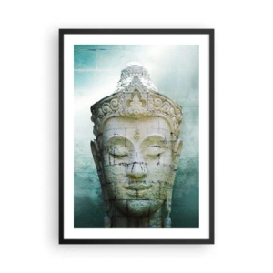 Poster in einem schwarzem Rahmen - Eine Buddha-Statue vor einem Hintergrund in dezenten Grüntönen - 50x70cm - Auf der Suche nach dem Licht - Moderne Wanddekoration für Wohnzimmer und Schlafzimmer ARTTOR