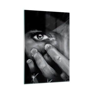 Glasbild - Bild auf glas - Schwarz-Weiß-Porträt einer Frau, die ihr Gesicht mit den Händen bedeckt. - 80x120cm - Ich werde nicht sagen, wer es gemalt hat - Moderne Wanddekoration für Wohnzimmer und Schlafzimmer ARTTOR