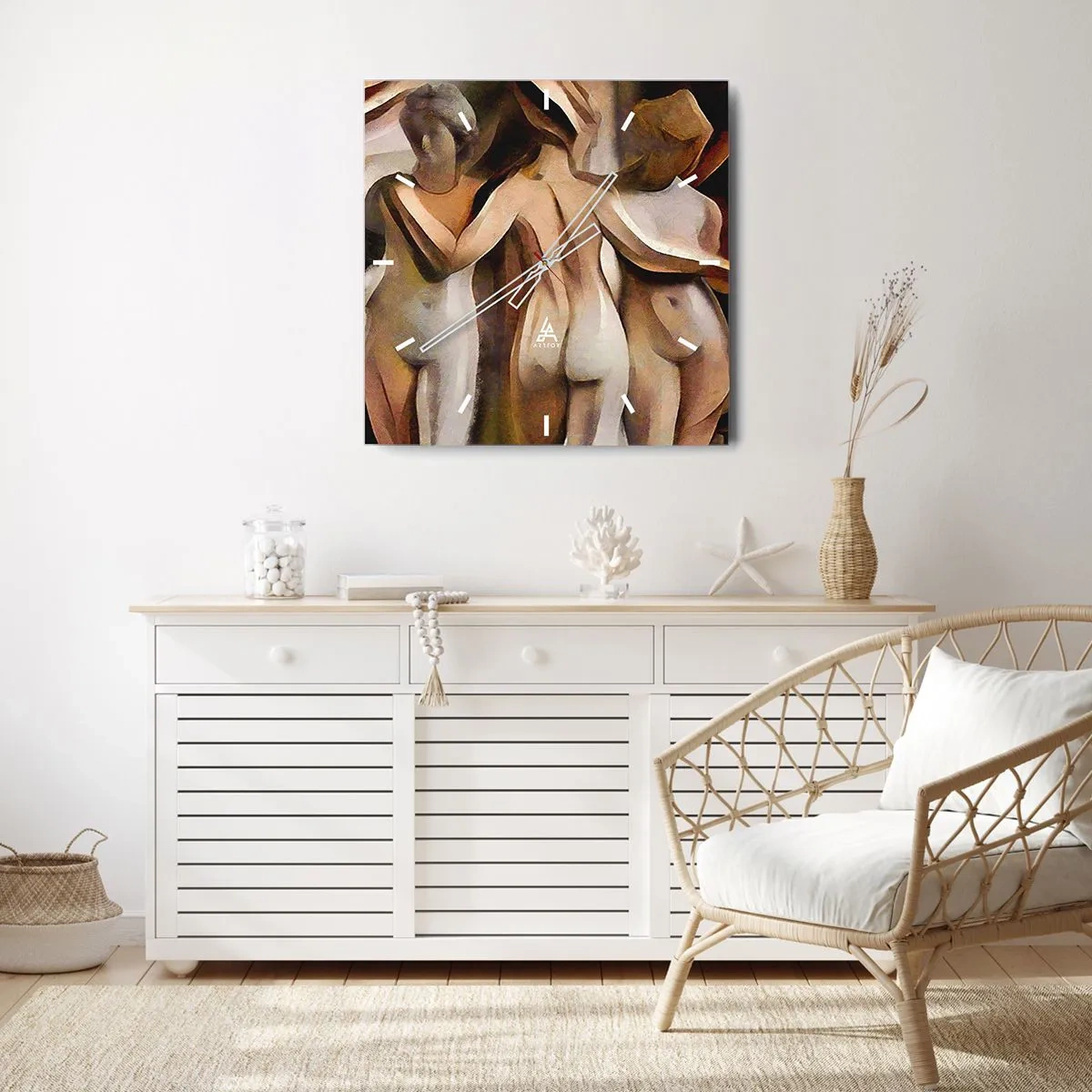 Wanduhr - Glasuhr - Eine abstrakte Szene mit drei Figuren in warmen Farben. - 30x30cm - Drei Grazien 2.0 - Moderne Wanddekoration für Wohnzimmer und Schlafzimmer ARTTOR