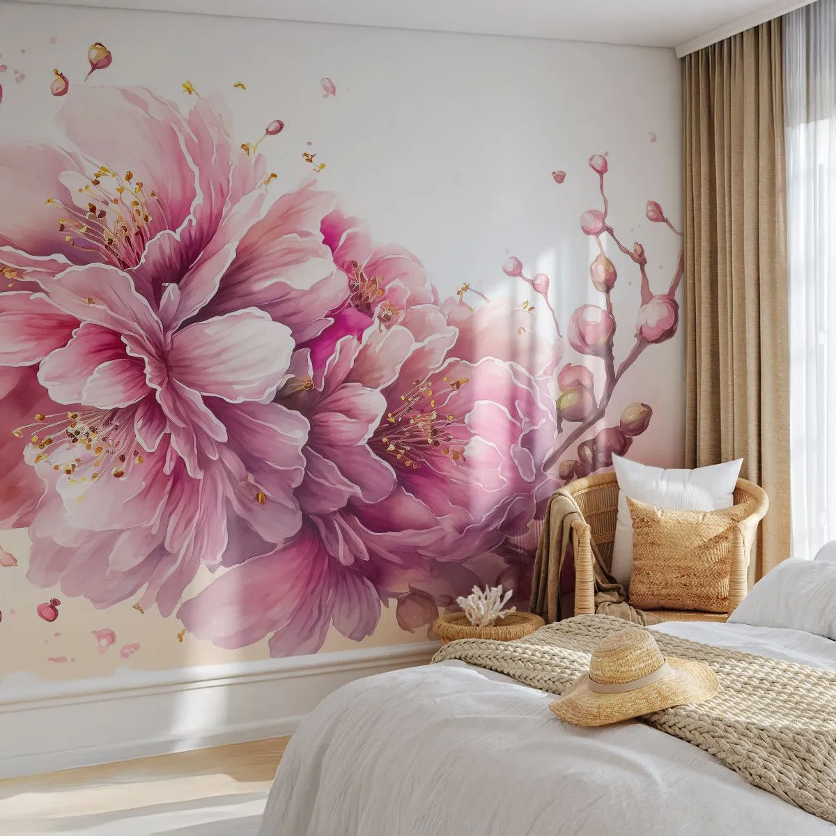 Fototapete Premium Sand - Rosa Kirschblüten in voller Blüte auf weißem Hintergrund - 100x70cm - Kirschblütenblüte - Moderne Wanddekoration für Wohnzimmer und Schlafzimmer ARTTOR