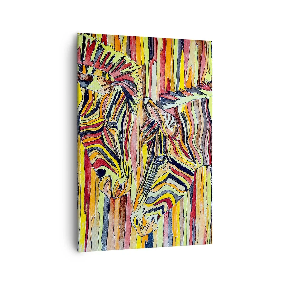 Bild auf Leinwand - Leinwandbild - Bunte Zebras vor einem Hintergrund aus abstrakten Streifen - 70x100cm - Also du auch... - Moderne Wanddekoration für Wohnzimmer und Schlafzimmer ARTTOR