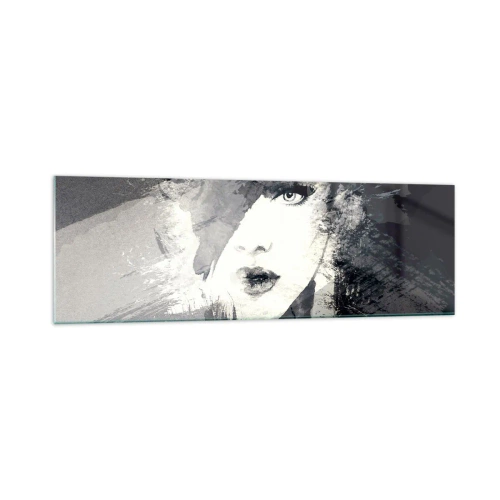 Glasbild - Bild auf glas - Ein abstraktes Frauenporträt in Grautönen mit zarten Akzenten. - 160x50cm - Hinter einem grauen Schleier - Moderne Wanddekoration für Wohnzimmer und Schlafzimmer ARTTOR