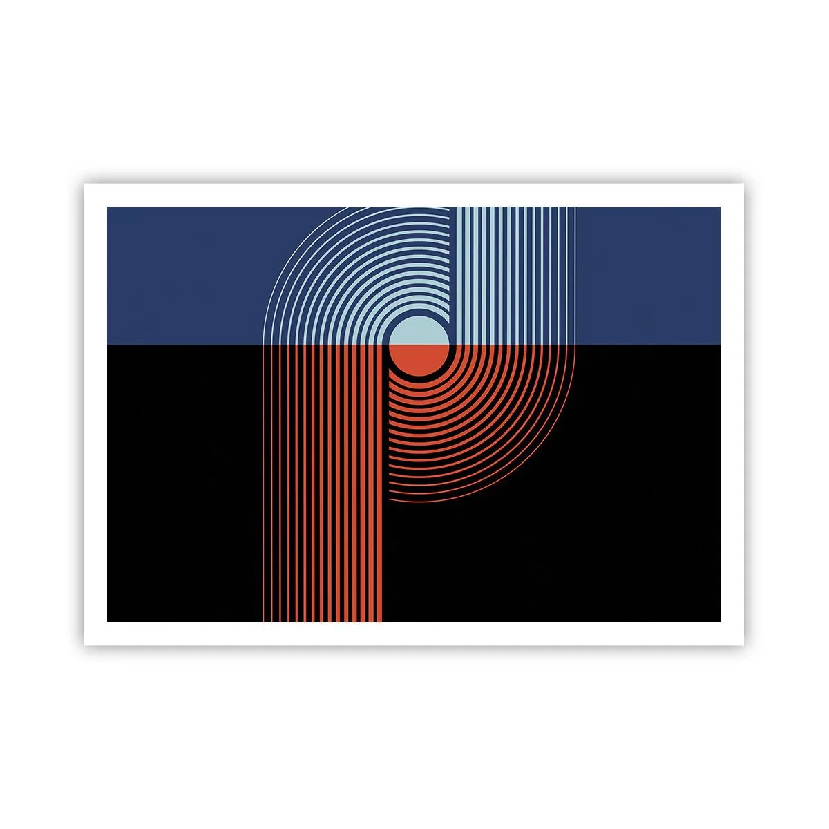 Poster - Geometrische Abstraktion mit Linien in Marineblau und Orange. - 100x70cm - In einer geometrischen Umarmung - Moderne Wanddekoration für Wohnzimmer und Schlafzimmer ARTTOR