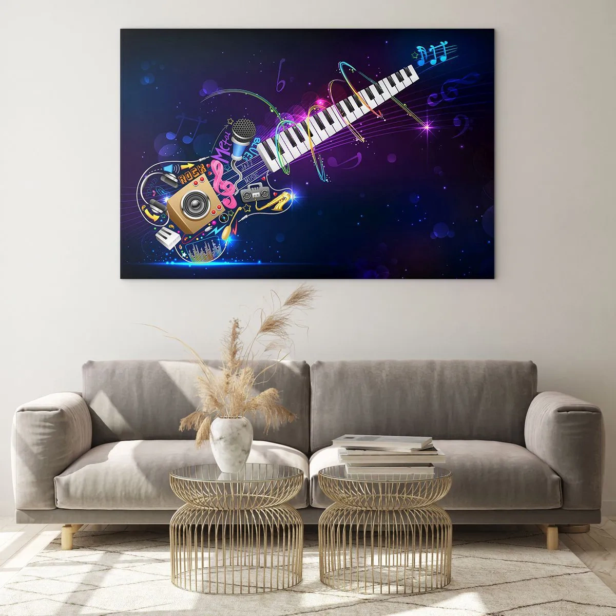 Glasbild - Bild auf glas - Bunte Musikkomposition mit Instrumenten und Noten - 70x50cm - Und alles ist gut - Moderne Wanddekoration für Wohnzimmer und Schlafzimmer ARTTOR