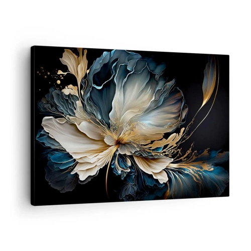 Bild auf Leinwand - Leinwandbild - Eine Blume in Gold- und Marineblautönen auf schwarzem Hintergrund - 70x50cm - Märchenhafte Farnblume - Moderne Wanddekoration für Wohnzimmer und Schlafzimmer ARTTOR