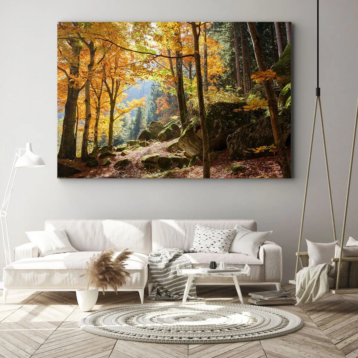 Bild auf Leinwand - Leinwandbild - Ein Herbstwald voller goldener Blätter und Sonnenlicht - 70x50cm - Zeit zum Entspannen - Moderne Wanddekoration für Wohnzimmer und Schlafzimmer ARTTOR