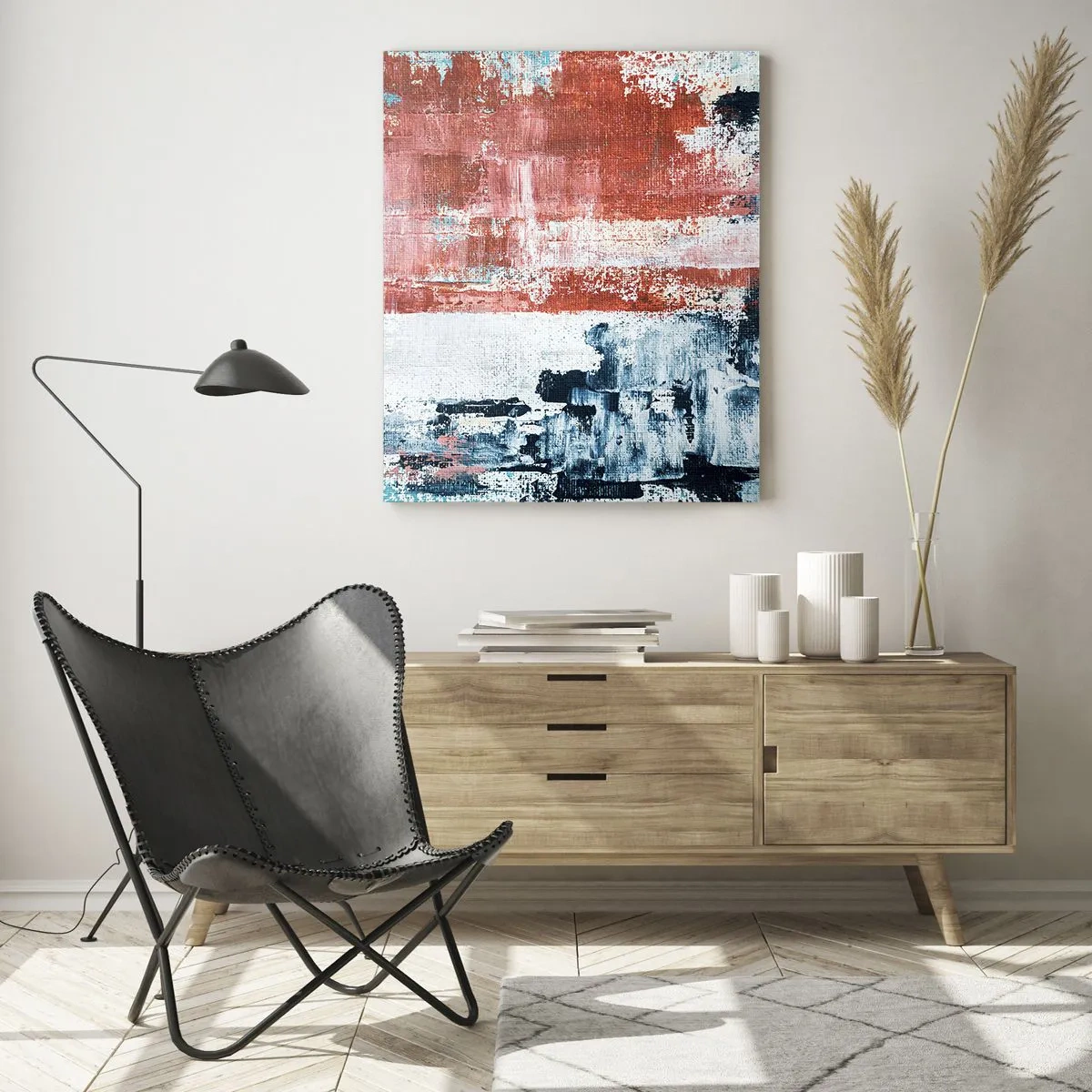 Glasbild - Bild auf glas - Abstraktion in Weiß-, Blau- und Ziegelfarben - 80x120cm - Fünfzig-Fünfzig abstrakt - Moderne Wanddekoration für Wohnzimmer und Schlafzimmer ARTTOR