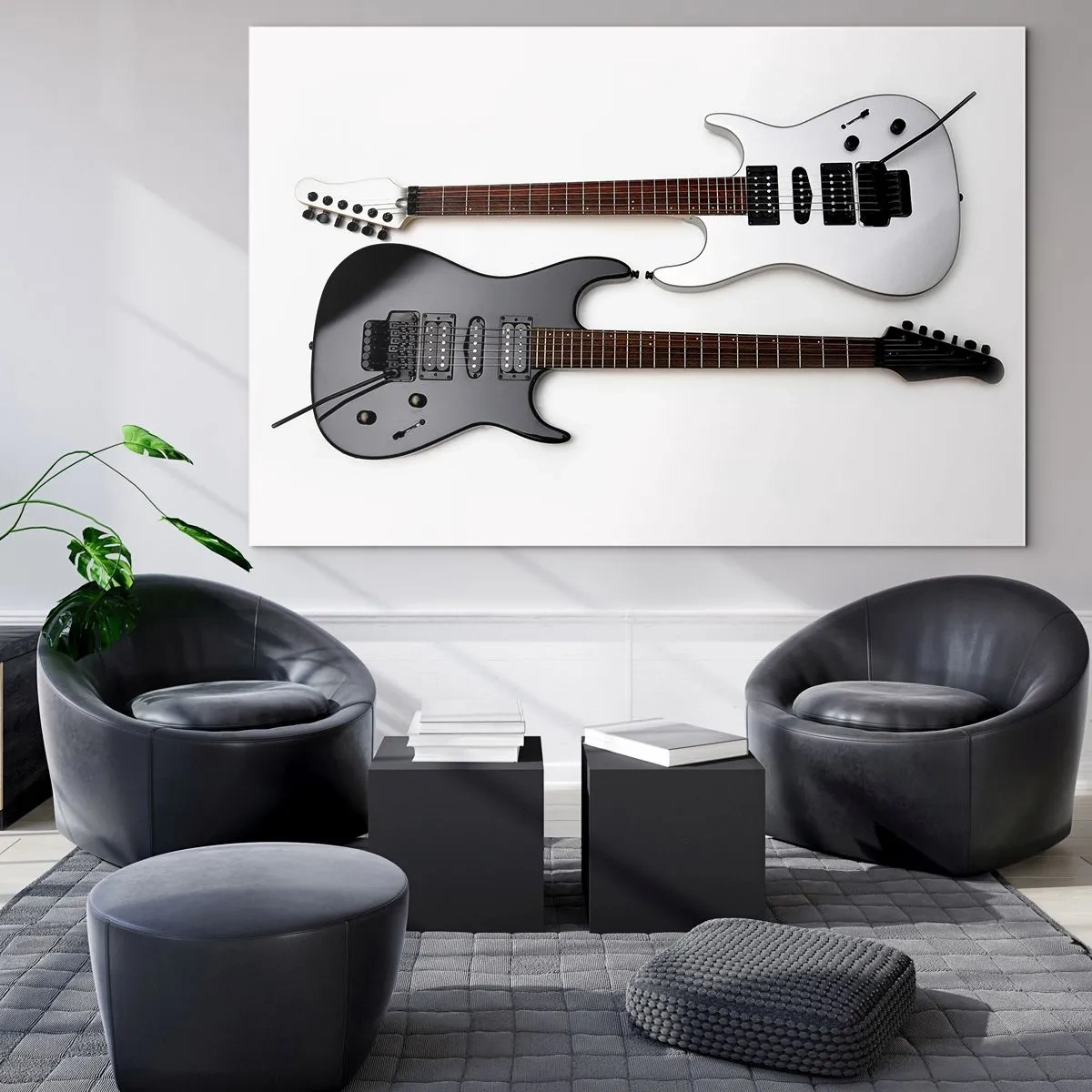 Glasbild - Bild auf glas - Schwarze und weiße E-Gitarren auf weißem Hintergrund - 120x80cm - Harmonie der Formen - Moderne Wanddekoration für Wohnzimmer und Schlafzimmer ARTTOR