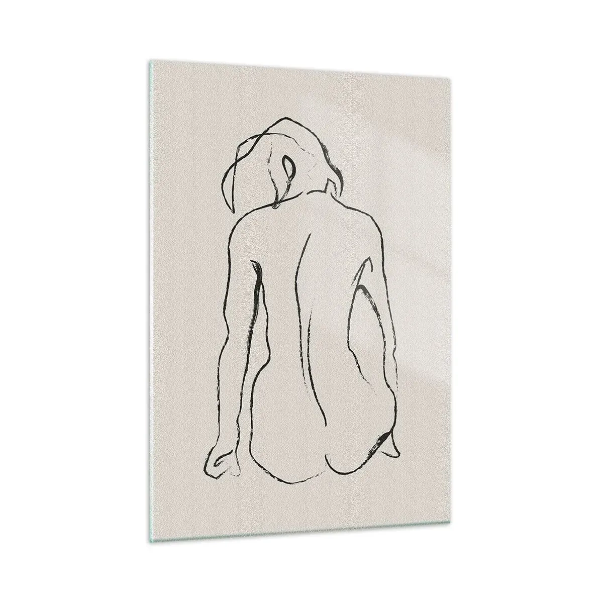 Glasbild - Bild auf glas - Eine zarte Skizze einer sitzenden Frau, in Schwarz auf hellem Hintergrund gezeichnet. - 50x70cm - Mädchenakt - Moderne Wanddekoration für Wohnzimmer und Schlafzimmer ARTTOR