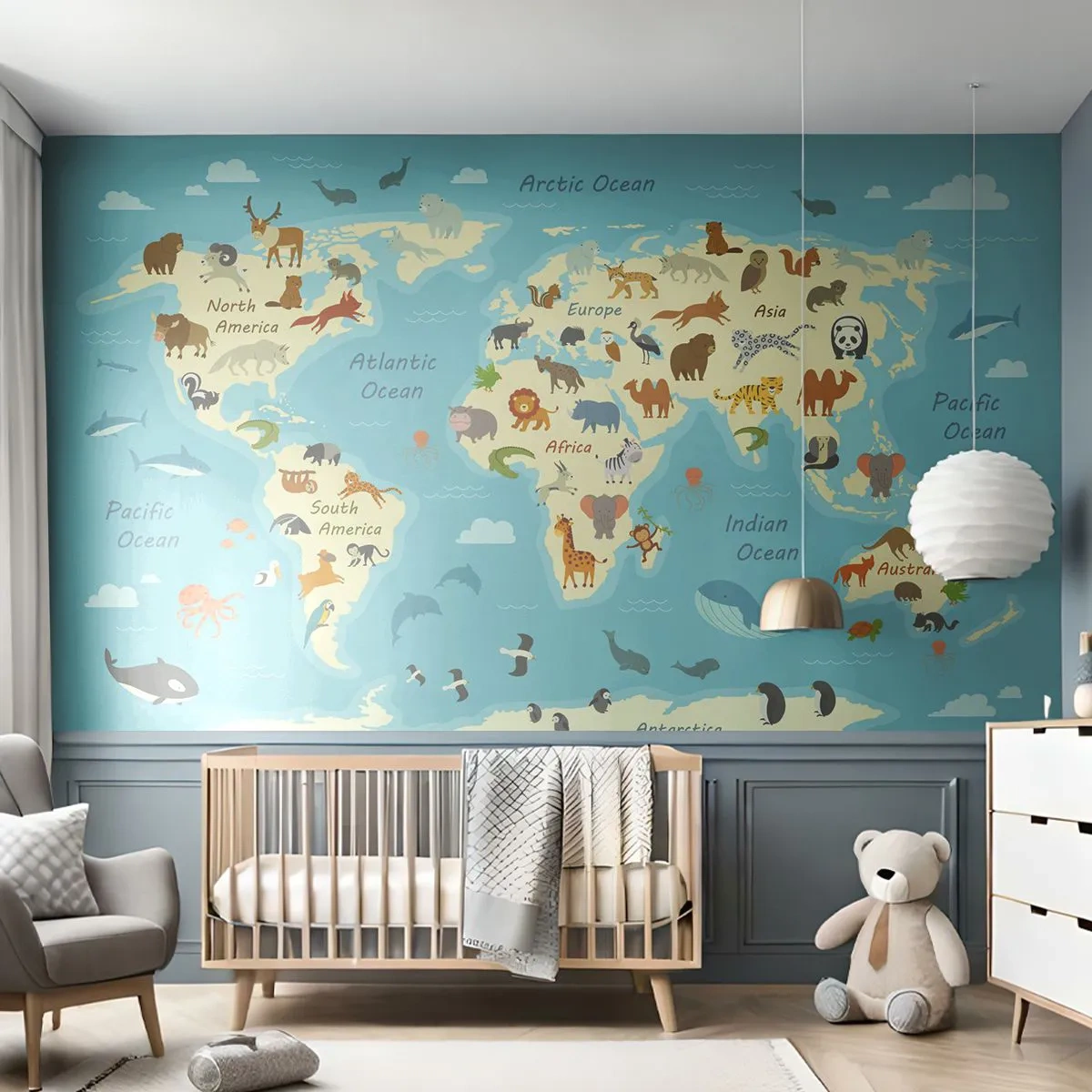 Fototapete Premium Canvas - Weltkarte mit Tierillustrationen - 100x70cm - Gute Nachbarn - Moderne Wanddekoration für Wohnzimmer und Schlafzimmer ARTTOR