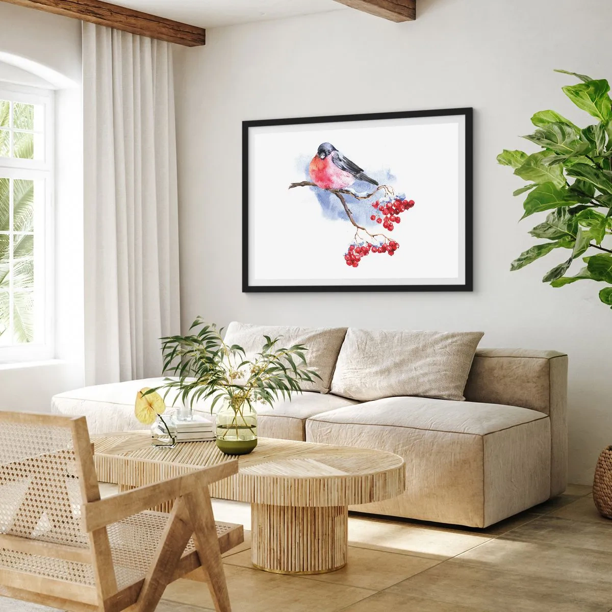 Poster in einem schwarzem Rahmen - Vogel auf einem Zweig mit roten Früchten im Aquarellhintergrund - 70x50cm - Winter in Farbe - Moderne Wanddekoration für Wohnzimmer und Schlafzimmer ARTTOR