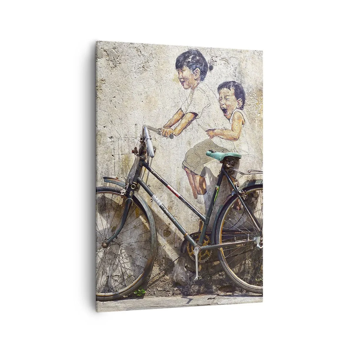 Bild auf Leinwand - Leinwandbild - Streetart mit Fahrrad und Kinderzeichnungen an der Wand - 70x100cm - Richtig oder falsch? - Moderne Wanddekoration für Wohnzimmer und Schlafzimmer ARTTOR